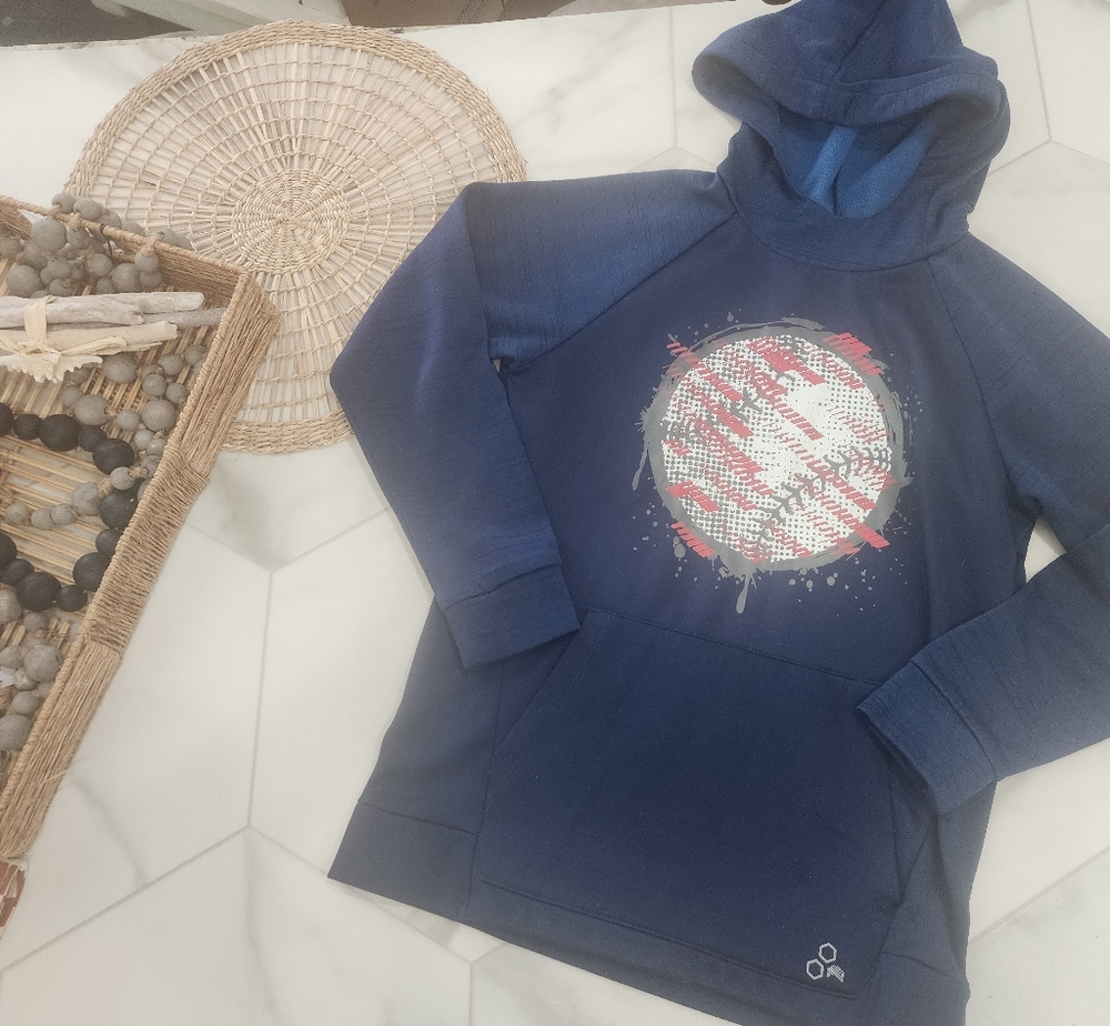 [ tech gear] boys size 10-12 blue long sleeve hooded pull over sweater w/ ⚾️ 🧢